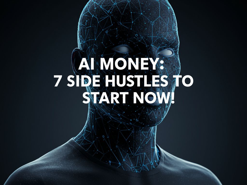 Digital humanoid face with glowing blue network lines and text “AI Money: 7 Side Hustles to Start Now!” on a dark background.
