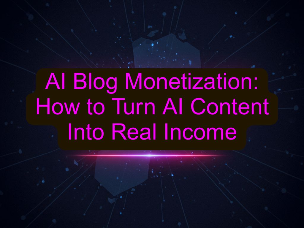 Text graphic reading “AI Blog Monetization: How to Turn AI Content Into Real Income” on a futuristic digital background with glowing light effects.
