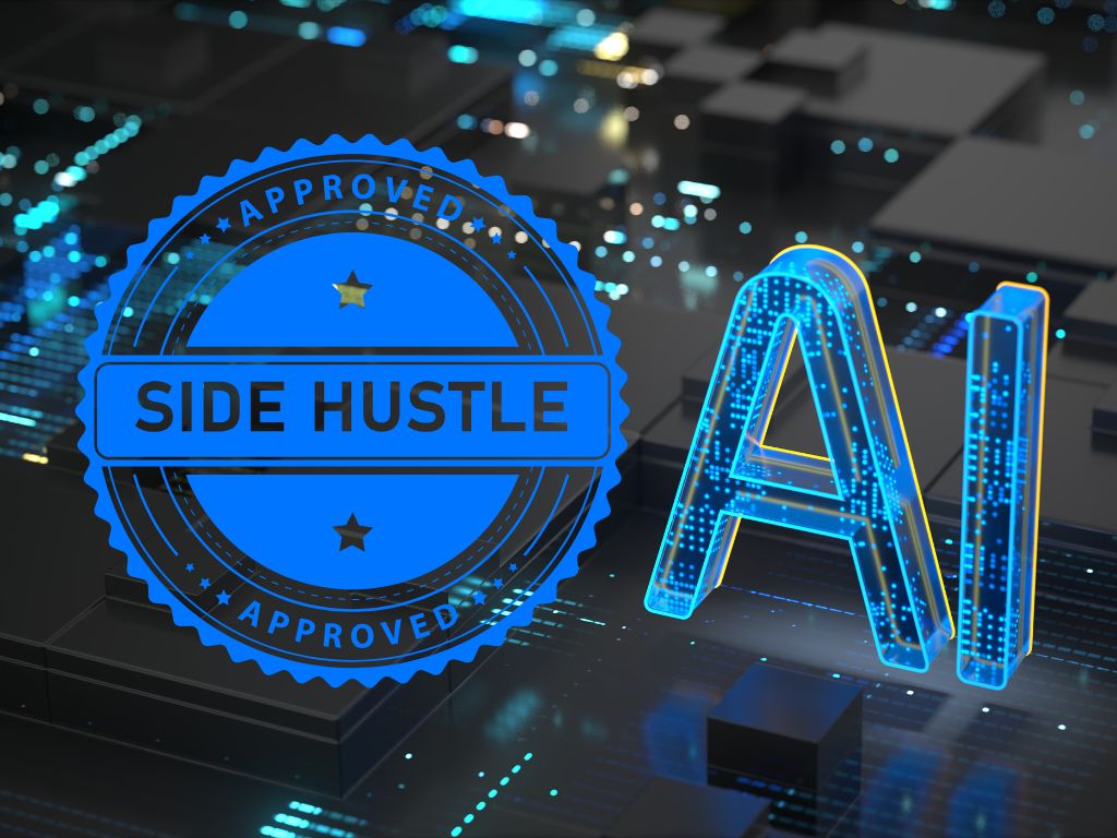 Blue “Approved Side Hustle” badge next to glowing AI letters on a futuristic digital background, representing verified AI side hustle opportunities.