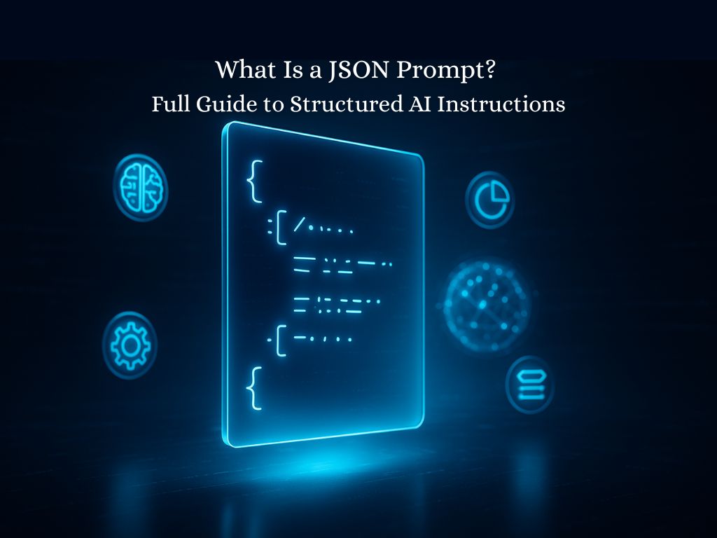 Glowing blue JSON code with brackets and ellipses, surrounded by icons for AI, settings, data, and binary, on a dark digital background.