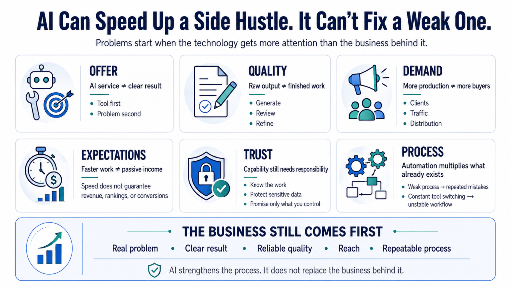 Infographic titled “AI Can Speed Up a Side Hustle. It Cannot Fix a Weak One” showing six areas where AI side hustles can fail. Offer, quality, demand, expectations, trust, and process. The bottom message says the business still comes first.