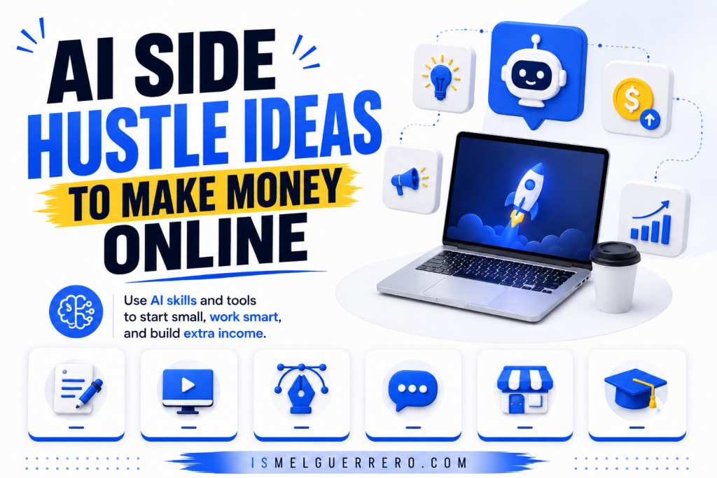 Hero image titled “AI Side Hustle Ideas to Make Money Online” showing a laptop with a rocket, AI assistant icons, and side hustle category cards for writing, video, design, chat support, online stores, and learning tools.