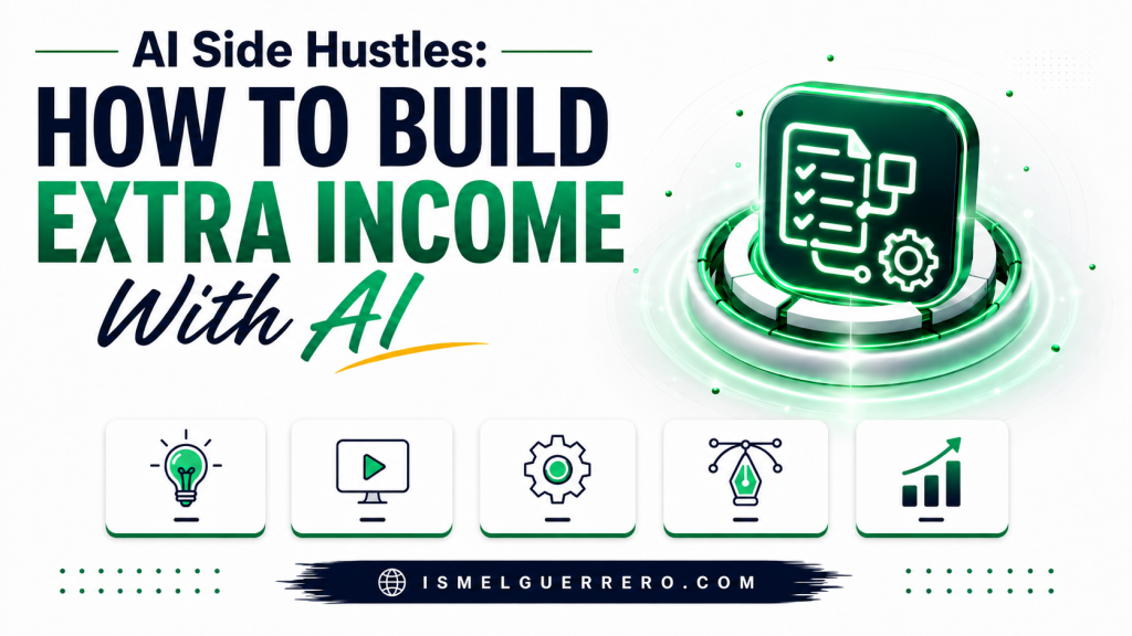 Hero image titled “AI Side Hustles. How to Build Extra Income With AI” showing a green AI workflow icon with task, video, automation, design, and growth symbols for exploring online side hustle ideas.