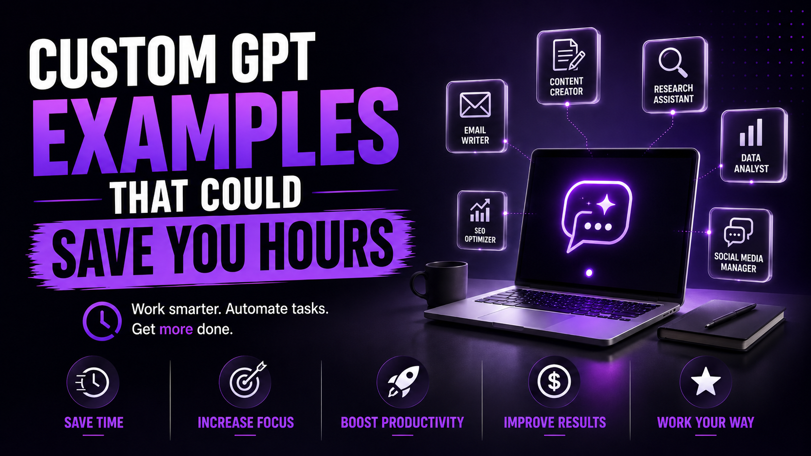 Hero image titled “Custom GPT Examples That Could Save You Hours” showing a laptop with custom GPT assistant cards for email writing, content creation, research, SEO, data analysis, and social media management, plus benefit icons for saving time, increasing focus, improving productivity, and working your way.