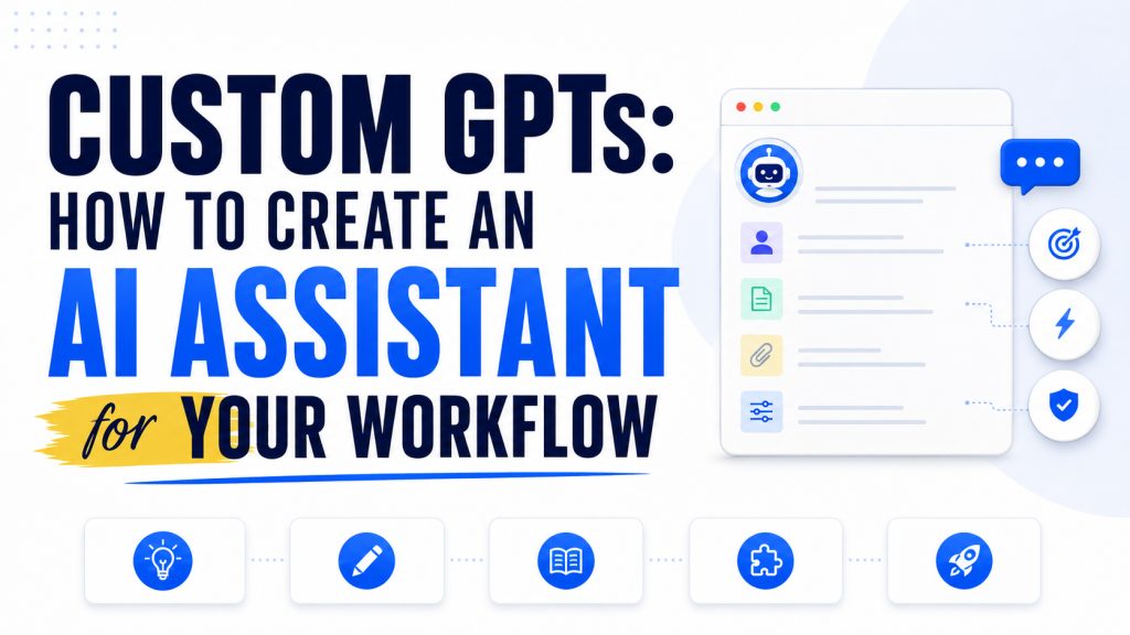 Hero image titled “Custom GPTs. How to Create an AI Assistant for Your Workflow” showing an AI assistant interface with workflow icons for ideas, writing, knowledge, tools, and productivity.