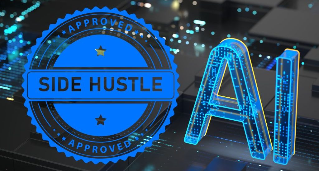 Blue “Approved Side Hustle” badge next to glowing AI letters on a futuristic digital background, representing verified AI side hustle opportunities.