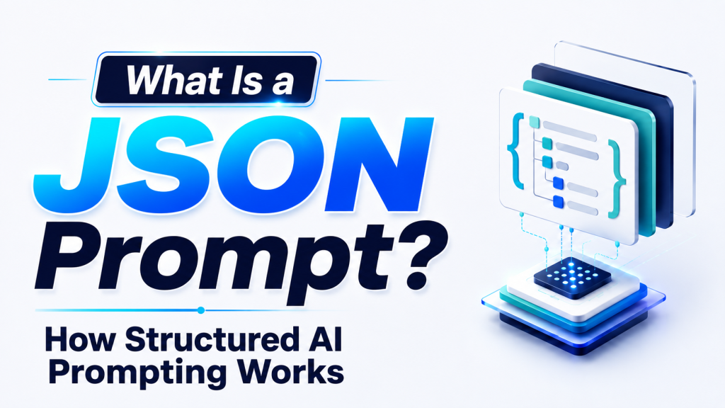 Hero image titled “What Is a JSON Prompt?” with the subtitle “How Structured AI Prompting Works,” showing stacked digital cards with code brackets to represent structured AI instructions and organized prompt formatting.