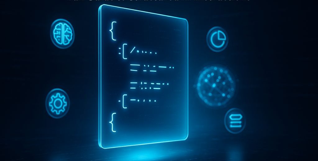 Glowing blue JSON code with brackets and ellipses, surrounded by icons for AI, settings, data, and binary, on a dark digital background.