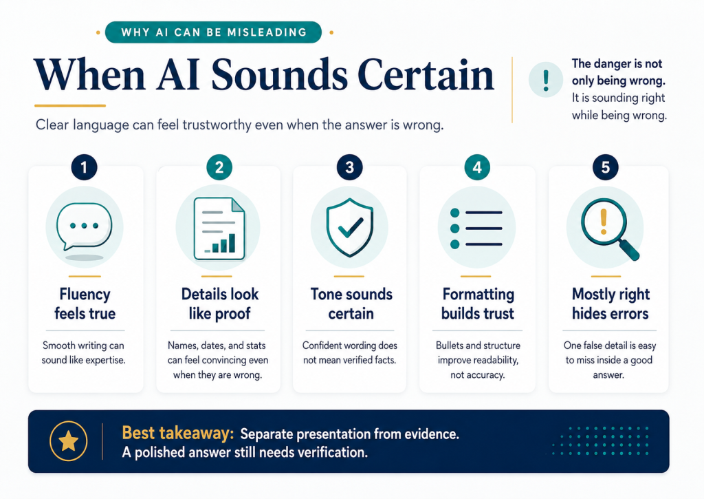 Infographic showing why confident AI answers can be misleading, including fluent writing, convincing details, certain language, polished formatting, and hidden errors.