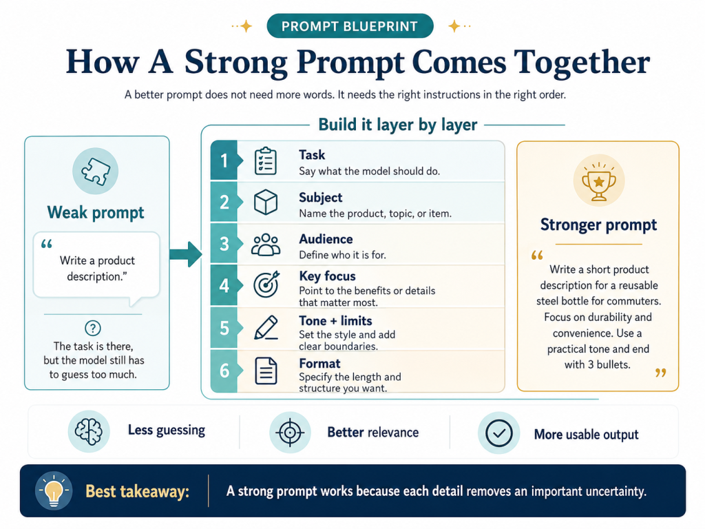 Infographic showing how to build a strong AI prompt using six parts. Task, subject, audience, key focus, tone and limits, and output format.