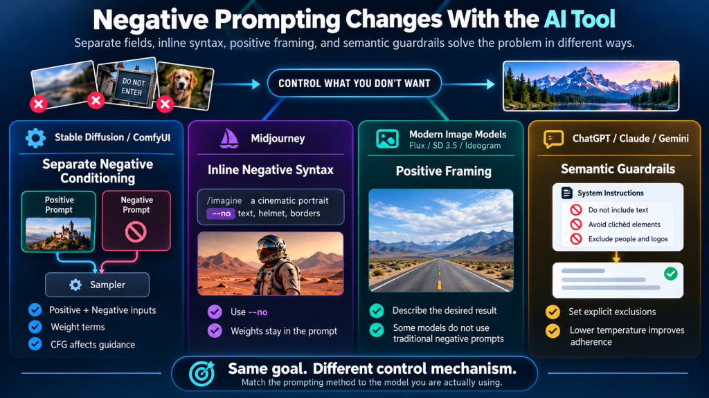Infographic titled “Negative Prompting Changes With the AI Tool” comparing negative prompt methods across Stable Diffusion, Midjourney, modern image models, and chat-based AI tools, with examples of separate negative fields, inline syntax, positive framing, and semantic guardrails.