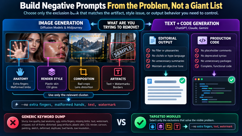 Infographic titled “Build Negative Prompts From the Problem, Not a Giant List” comparing generic negative prompt keyword dumps with targeted modules for image generation, editorial output, and production code, including examples like anatomy, render style, composition, artifacts, filler, clichés, and deprecated syntax.
